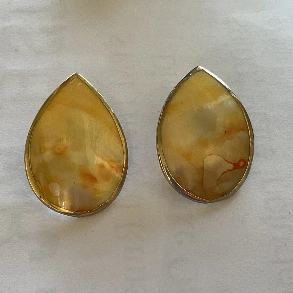 Yellow Orange Shell Teardrop Earrings pierced 1.5” long